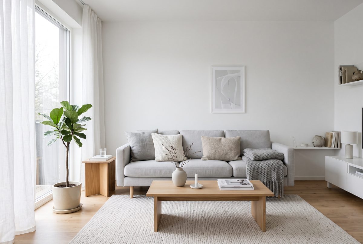 Salon de estilo nordico en tonos grises con sofa gris, mesa de madera clara y mucha luz natural