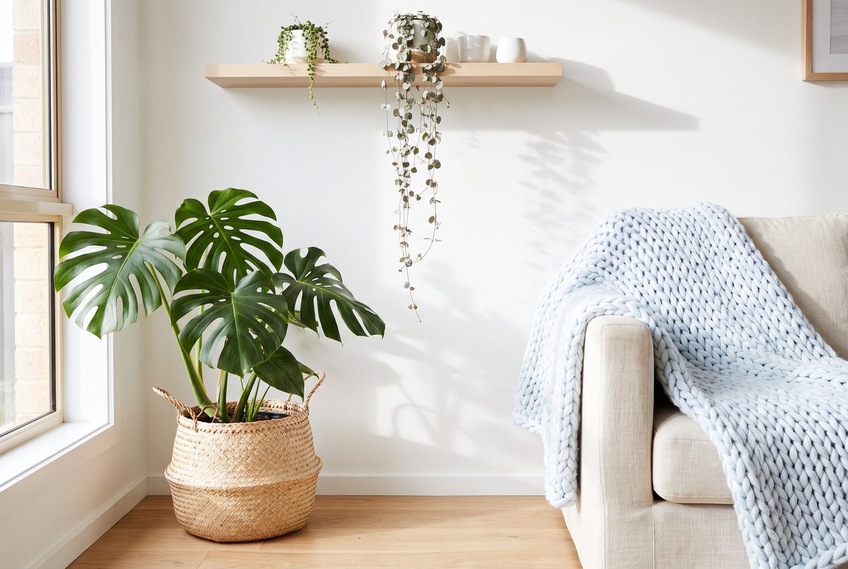 Rincon de salon escandinavo con monstera en cesta de fibra natural y planta colgante sobre estante de madera