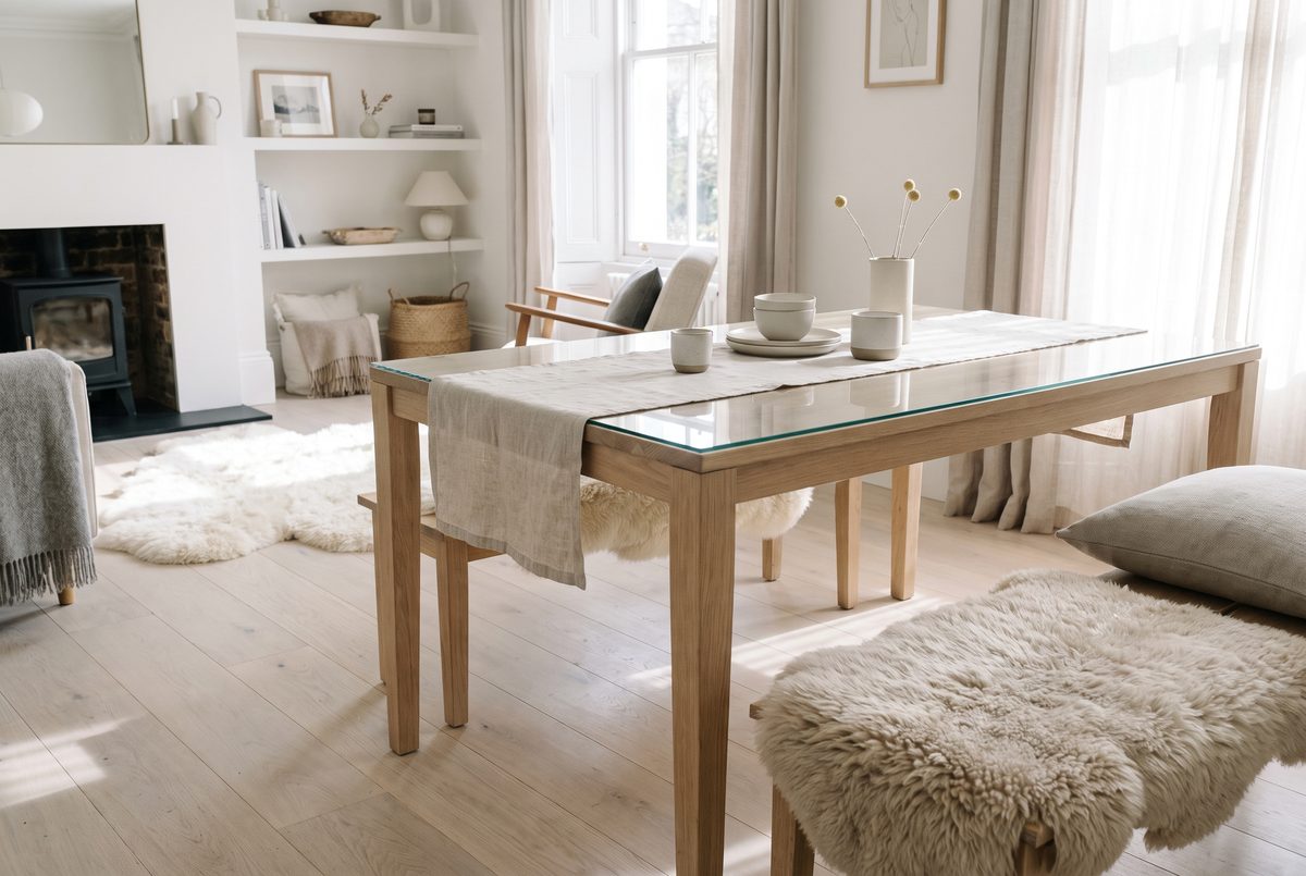 mesa de madera con cristal