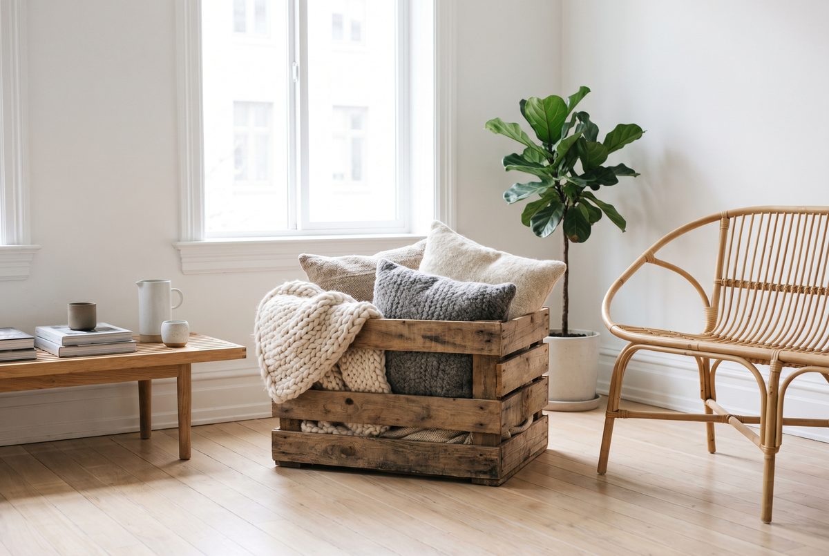 decoracion nordica low cost, cesta cesta hecha con palets