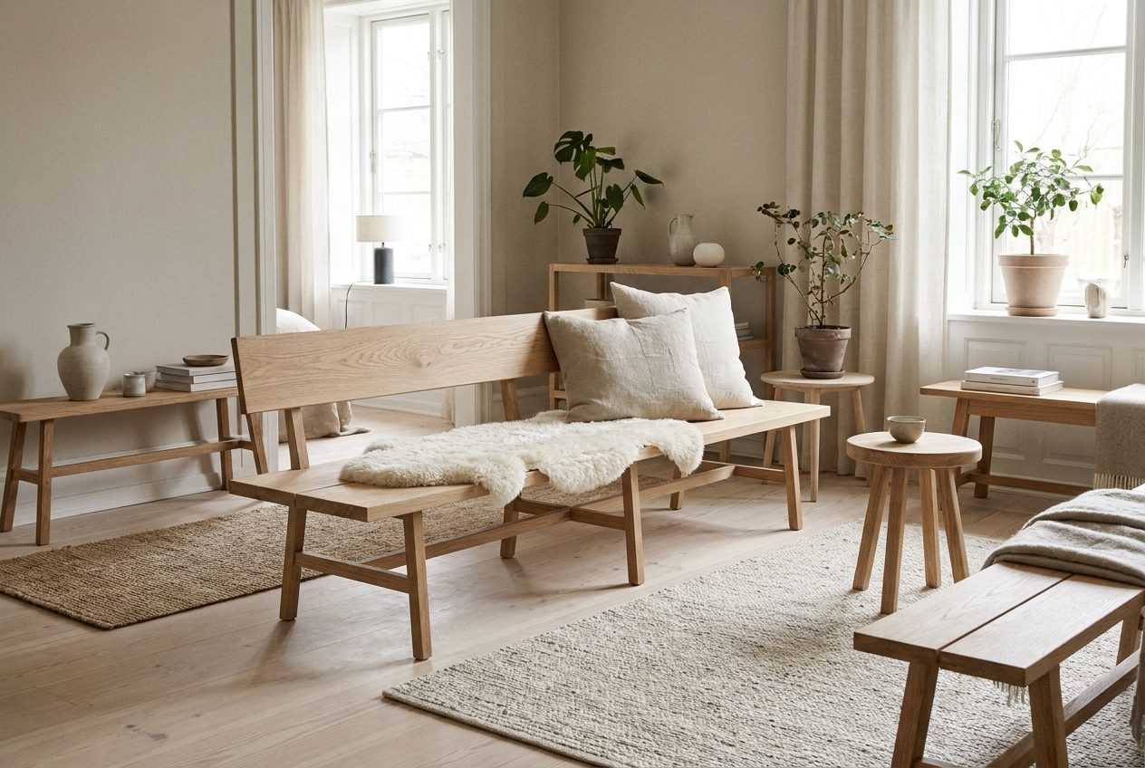 Banco de madera clara con respaldo y piel de oveja en un salon nordico