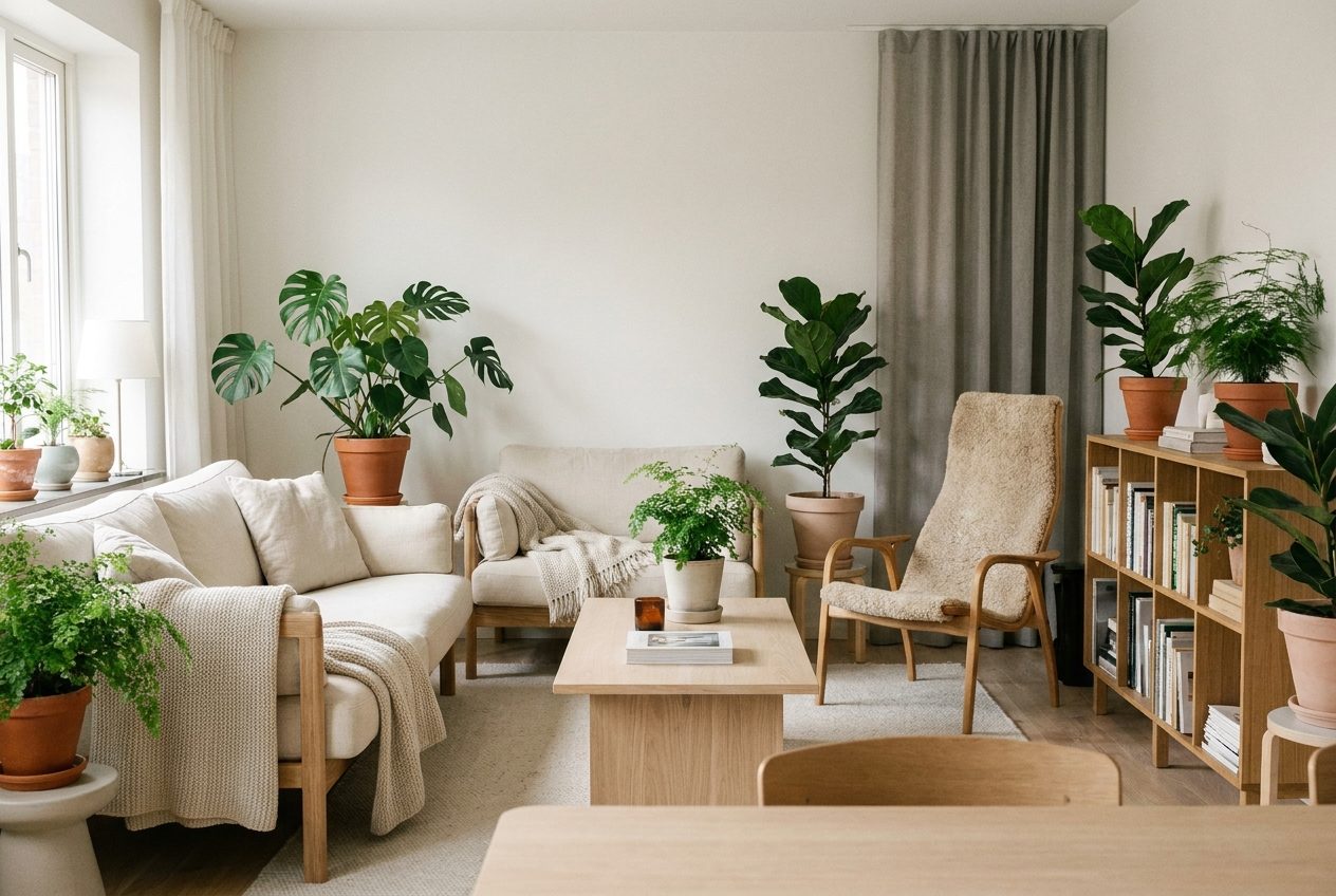 Salon cozy con butaca de madera y plantas junto a la libreria