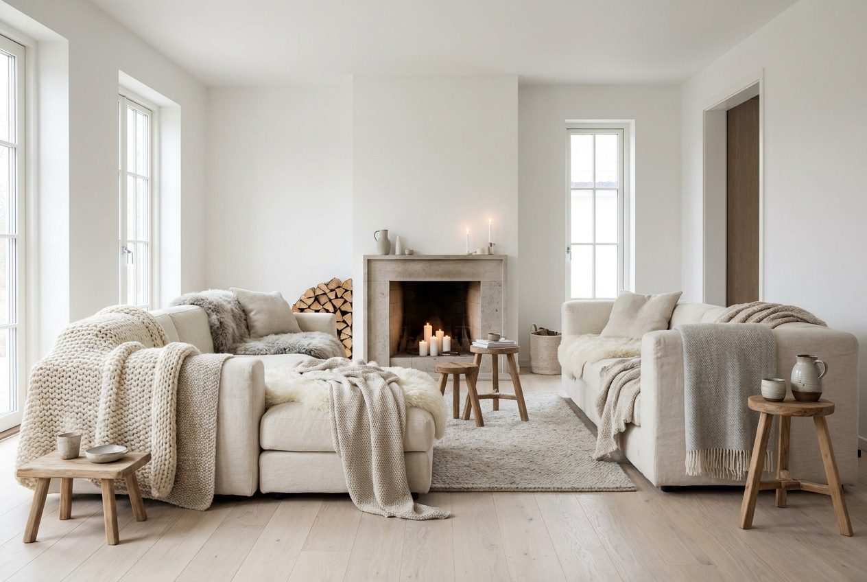 Sofa cubierto de mantas de punto junto a una chimenea con velas