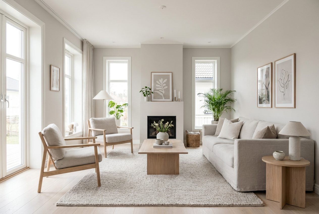 Salon nordico con chimenea, sofa gris y butacas de madera clara