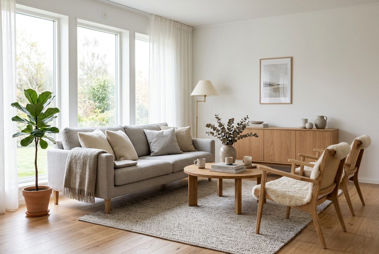 Salon con ventanales, sofa gris y aparador de madera clara