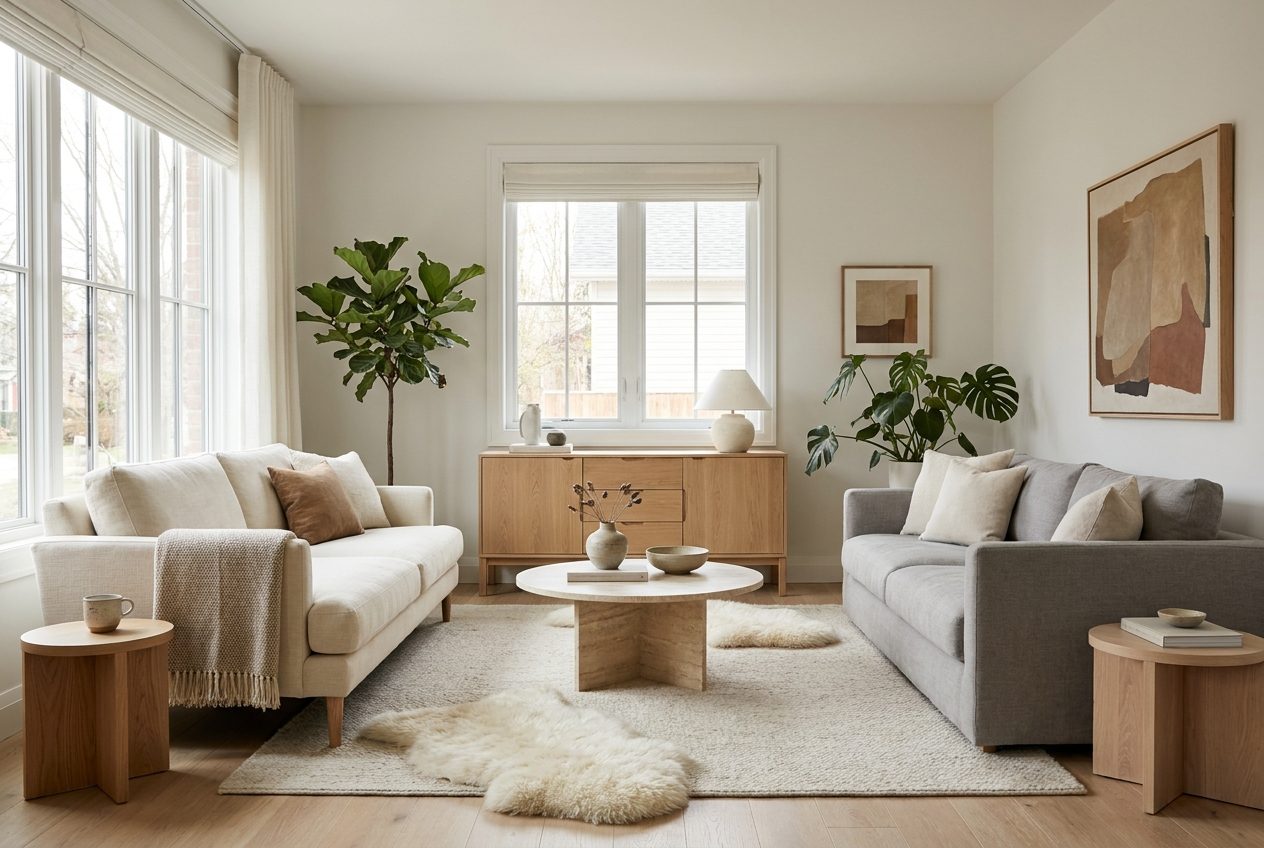 Salon luminoso con sofa beige, alfombra de piel y plantas grandes