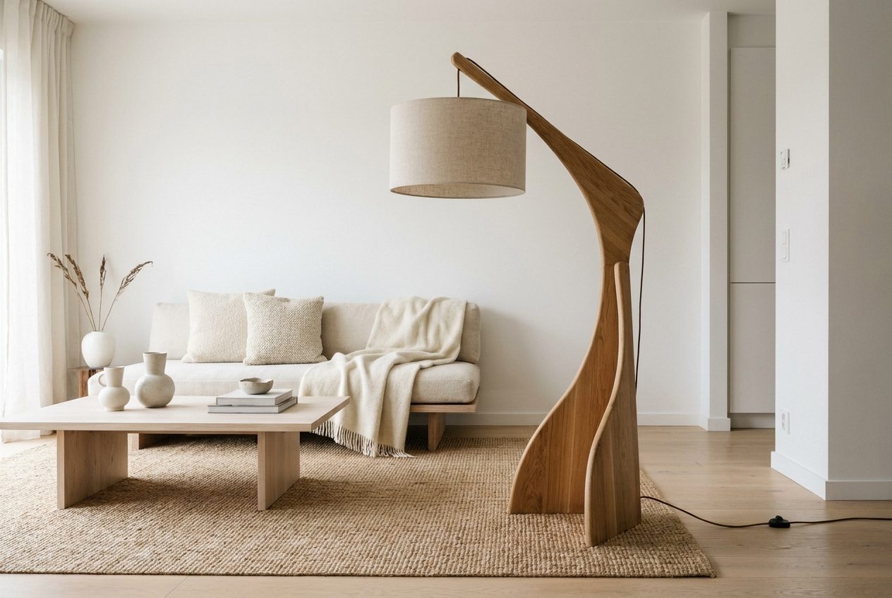 Lampara de pie de madera curvada junto a un sofa blanco