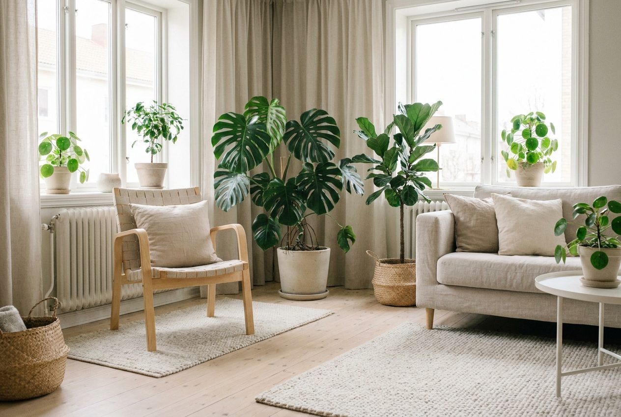 Rincon de lectura con butaca de madera rodeado de plantas