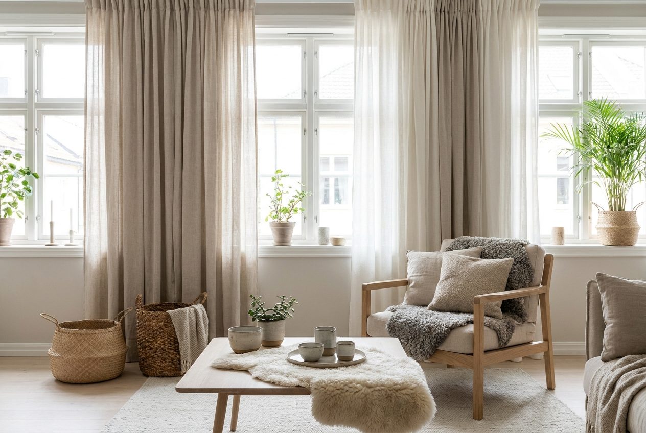 Cortinas de lino claro en un salon con butaca y textiles naturales