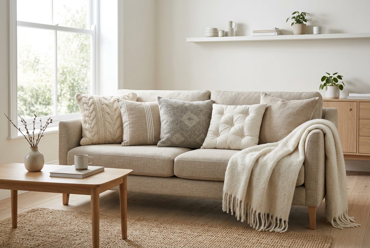 Sofa beige con cojines de punto y manta de flecos