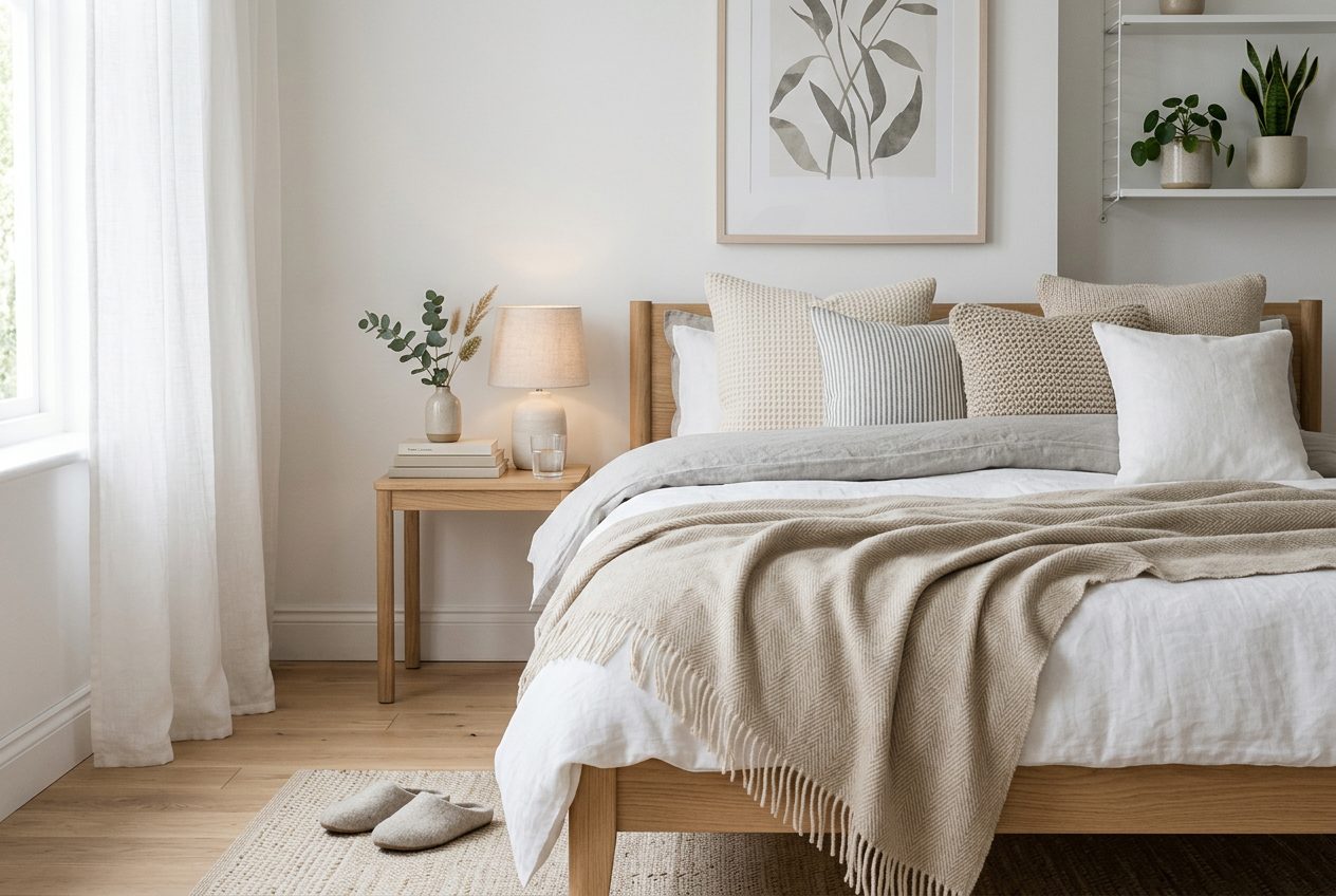 Dormitorio nordico con ropa de cama de lino y manta de punto