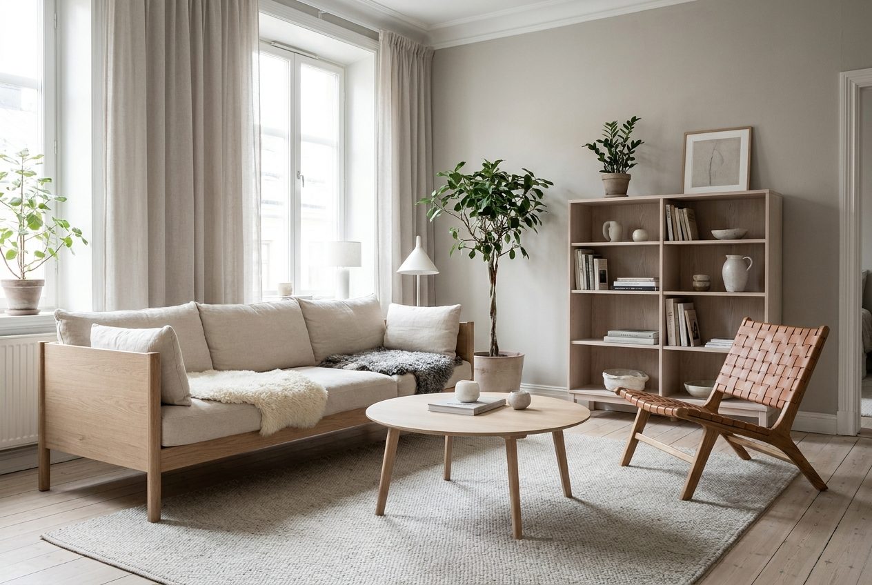 Sofa de madera clara, estanteria abierta y butaca de cuero trenzado