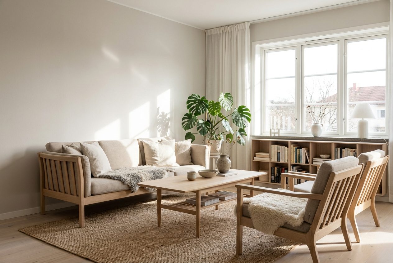 Sofa de listones de madera con mesa de centro baja y libreria