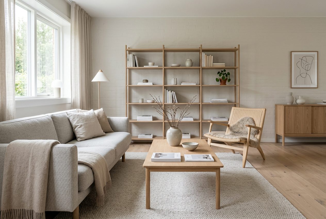 Estanteria alta de madera con sofa gris y butaca de rejilla
