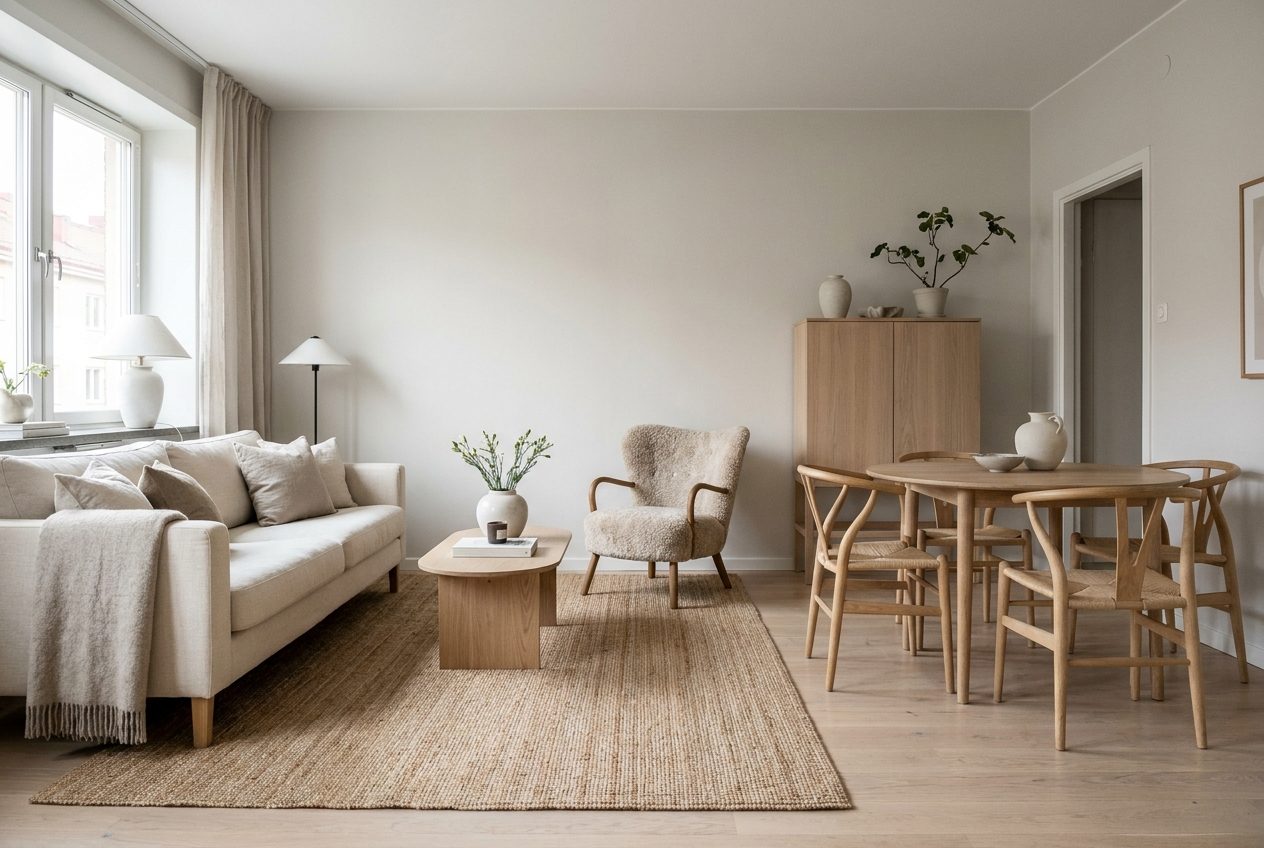 Aparador de madera, butaca tapizada y mesa de comedor redonda