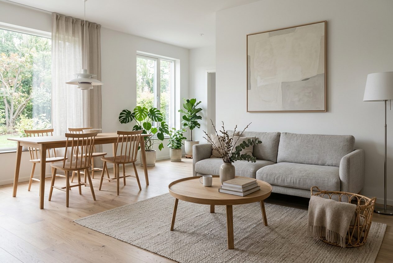 Mesa de comedor con sillas de madera y sofa gris junto al ventanal