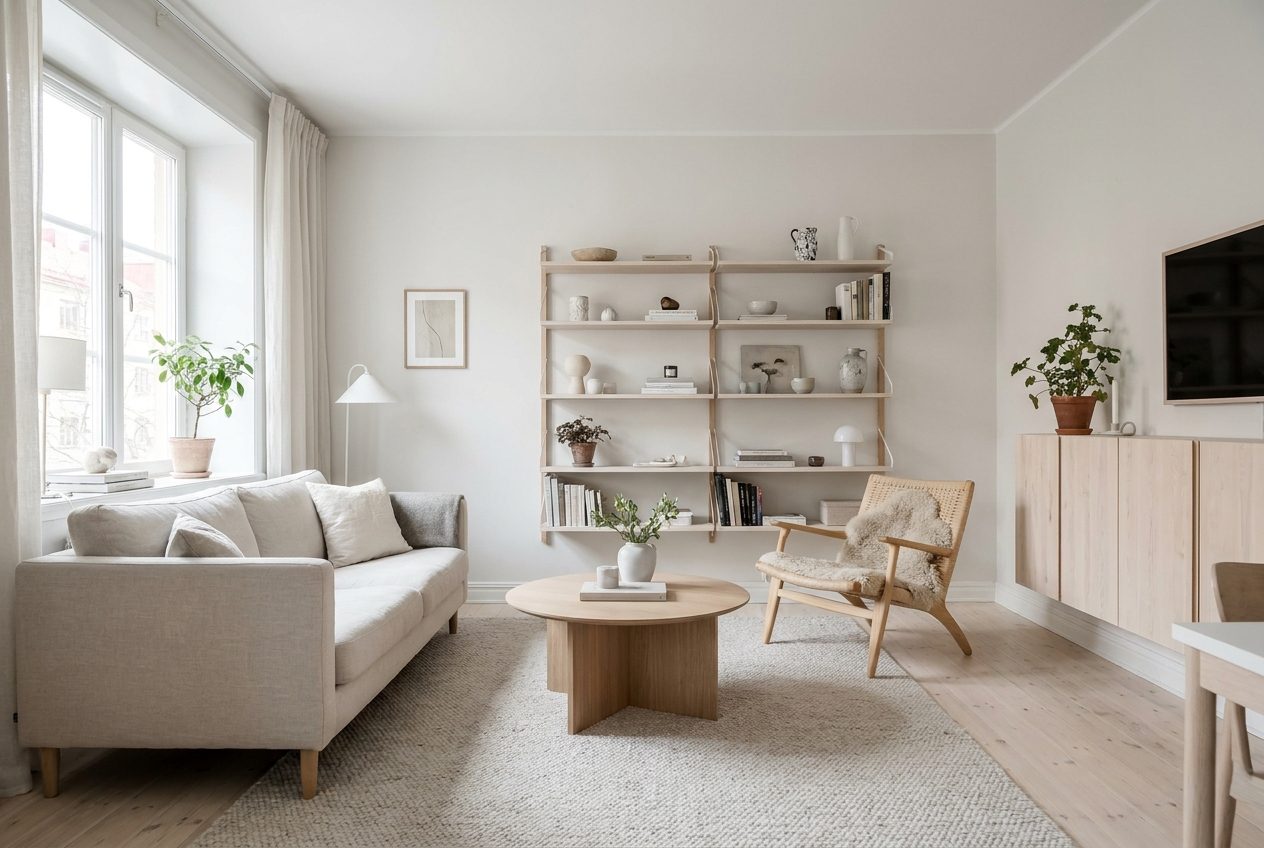 Sofa claro con estanteria modular y aparador bajo de madera