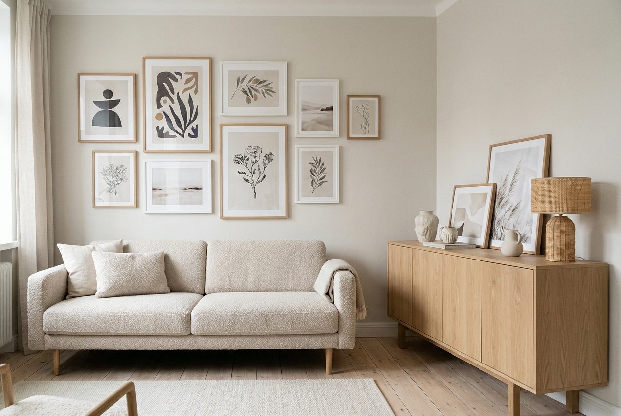 Composicion de cuadros sobre el sofa junto a un aparador de madera