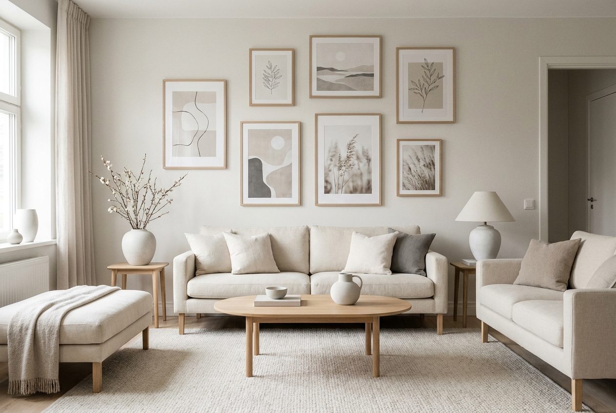 Pared de laminas en tonos neutros sobre un sofa beige