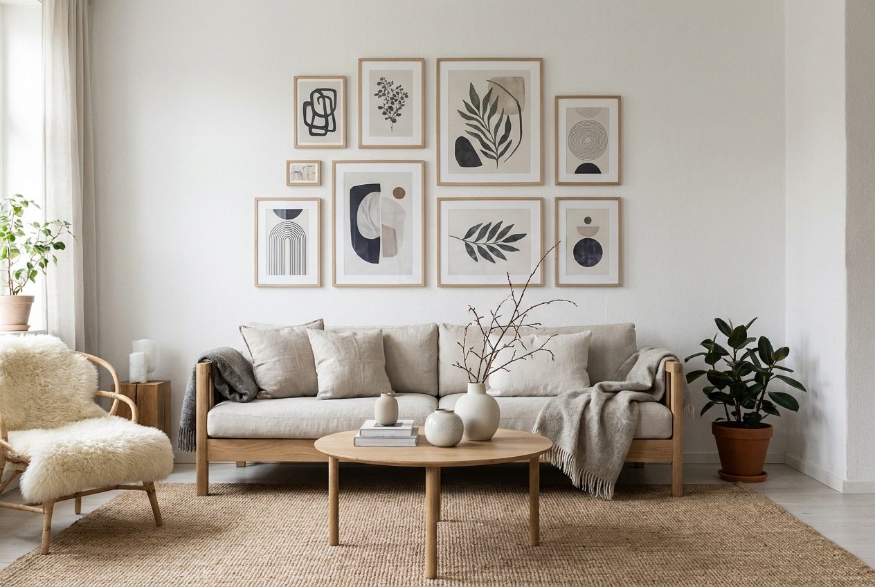 Mural de cuadros con marcos de madera sobre un sofa con textiles crudos