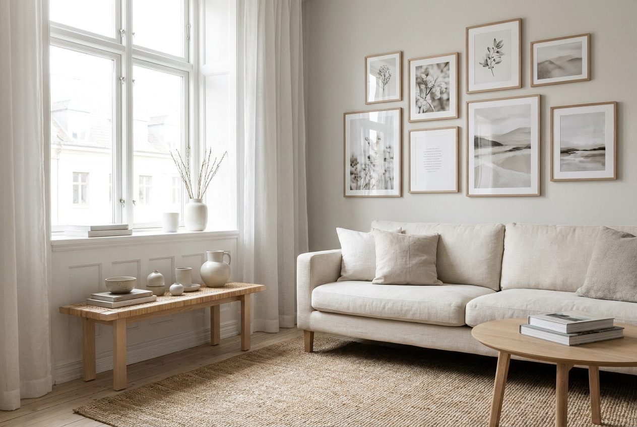 Cuadros de paisaje y botanica alineados sobre el sofa