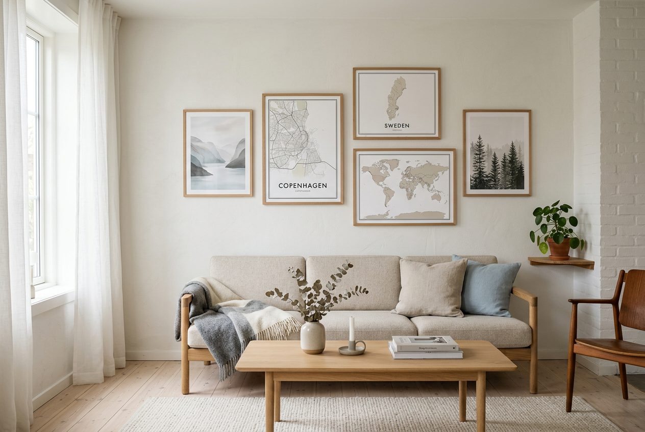 Laminas enmarcadas de mapas nordicos sobre un sofa claro