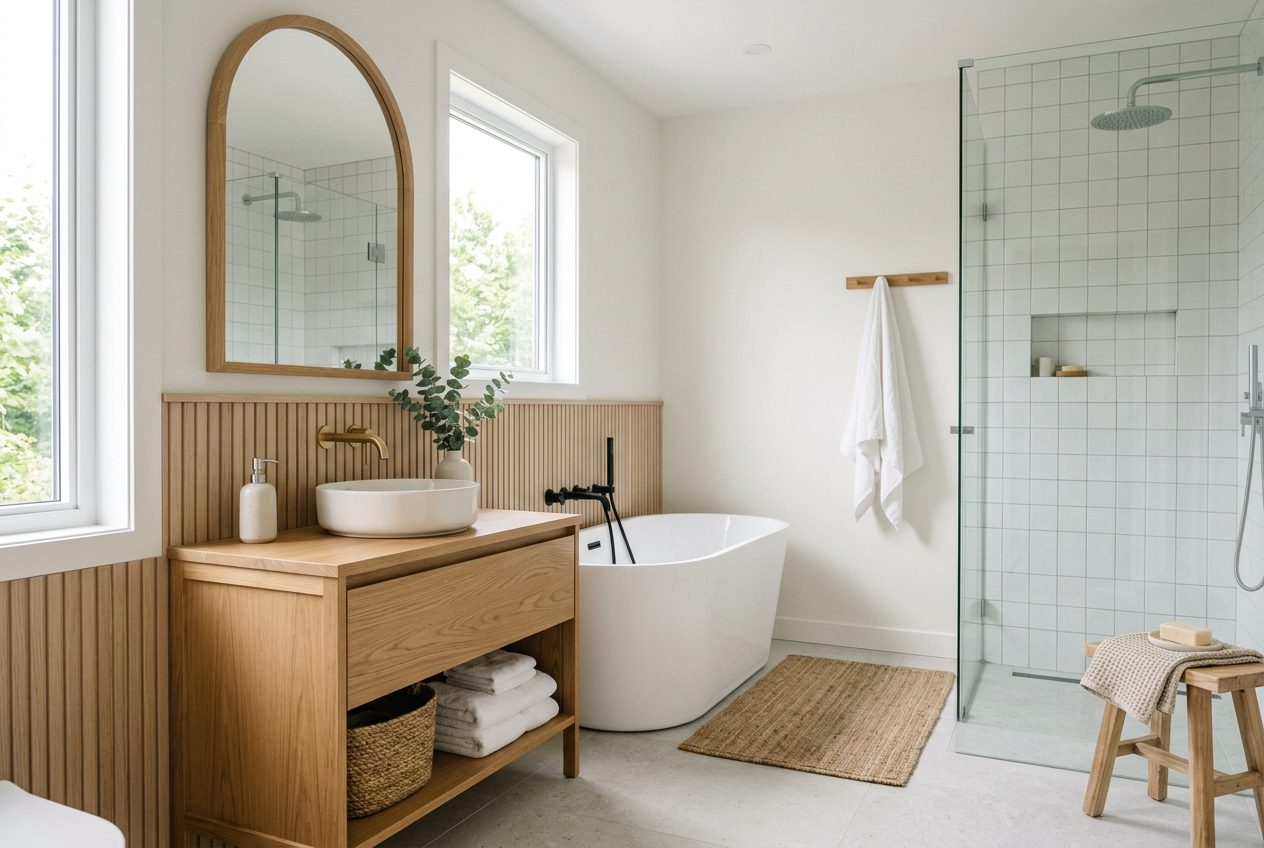 Bano nordico con banera exenta, mueble de madera y ducha de cristal