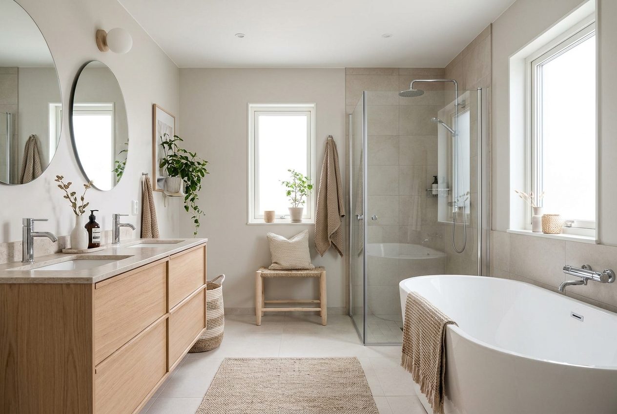 Bano con doble lavabo de madera, espejo redondo y banera junto a la ventana