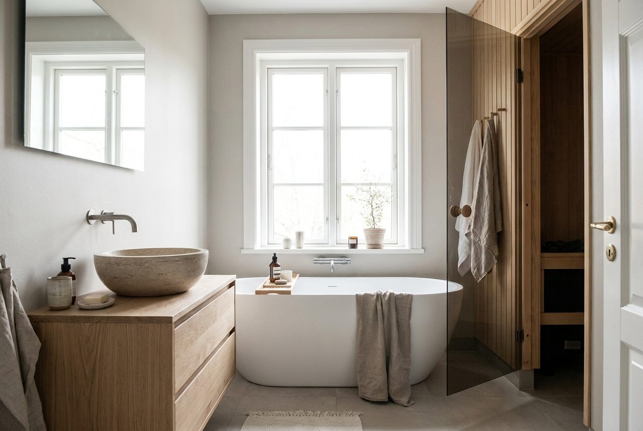 Bano con lavabo de piedra, banera exenta y puerta de sauna