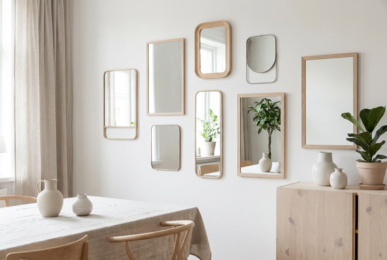 Espejos rectangulares agrupados junto a la mesa de comedor