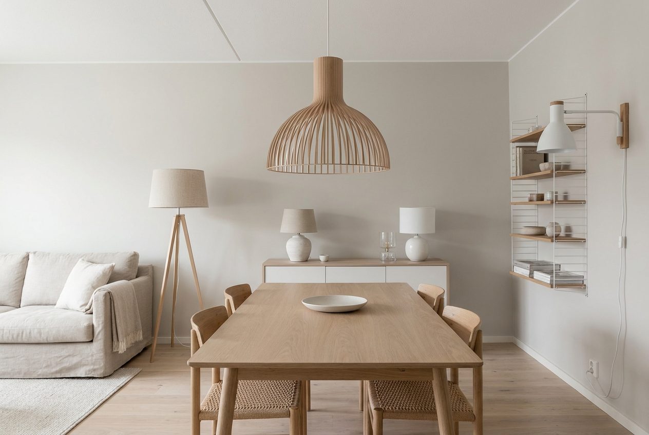 Lampara de techo de listones de madera sobre la mesa de comedor