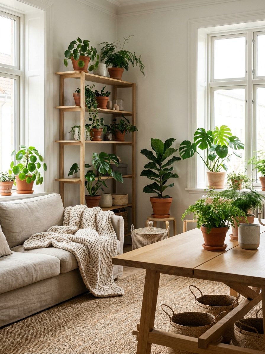 las-plantas-de-estilo-nórdico Estanteria de madera con macetas de barro junto al sofa y la mesa de comedor