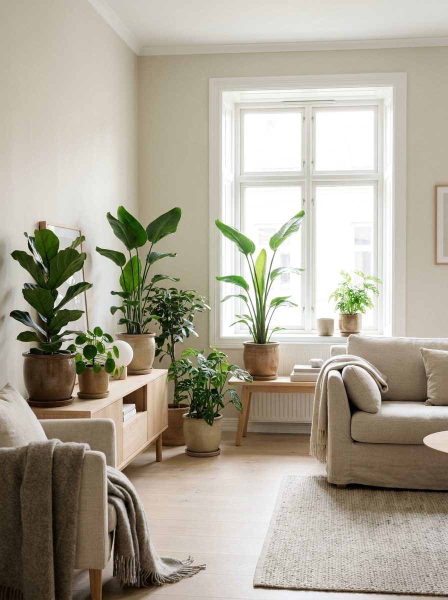 las-plantas-de-estilo-nórdico Ficus lira y plantas grandes junto al ventanal sobre un aparador bajo
