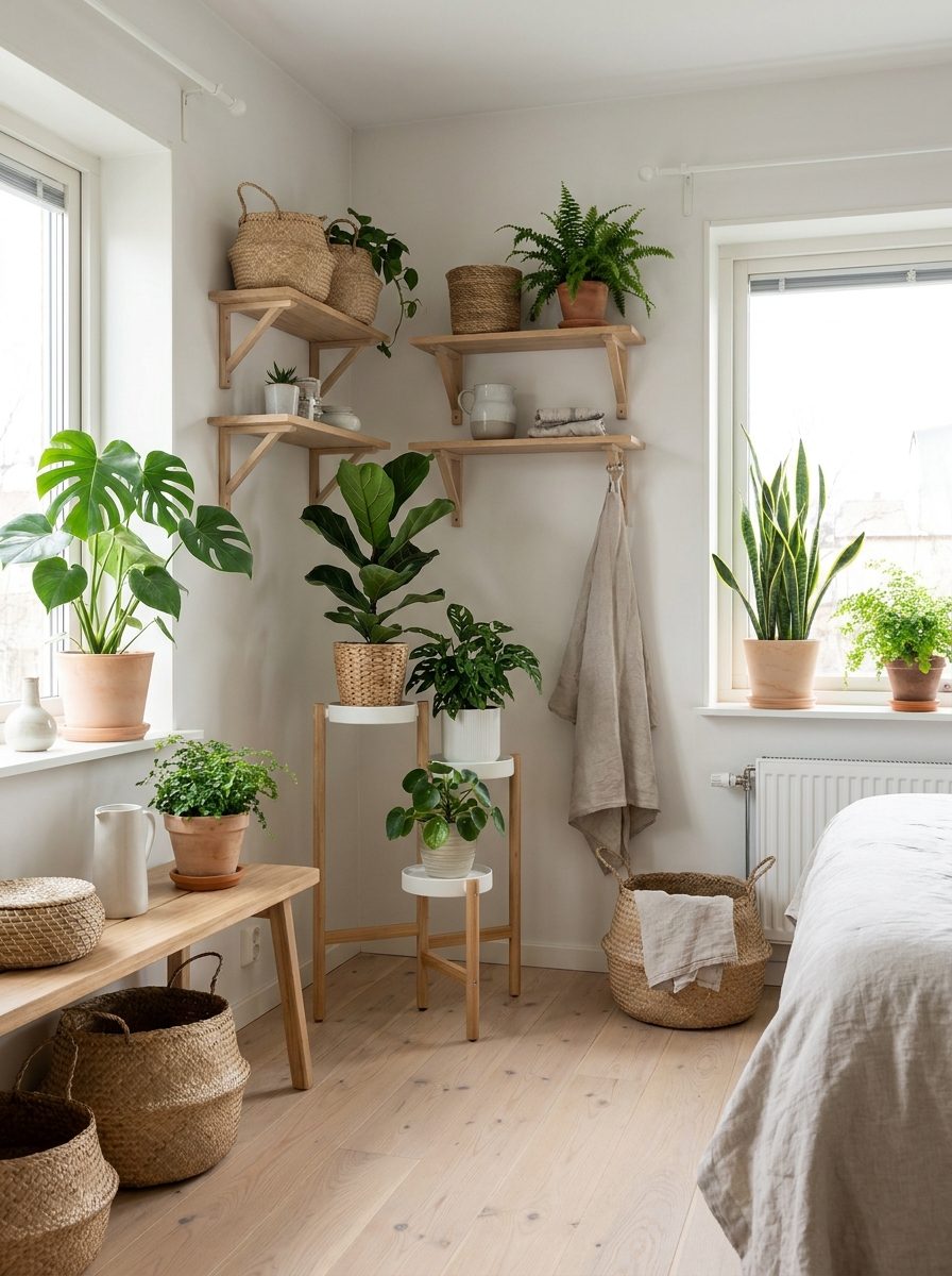 Dormitorio con estante de plantas colgantes y sansevieria en la ventana
