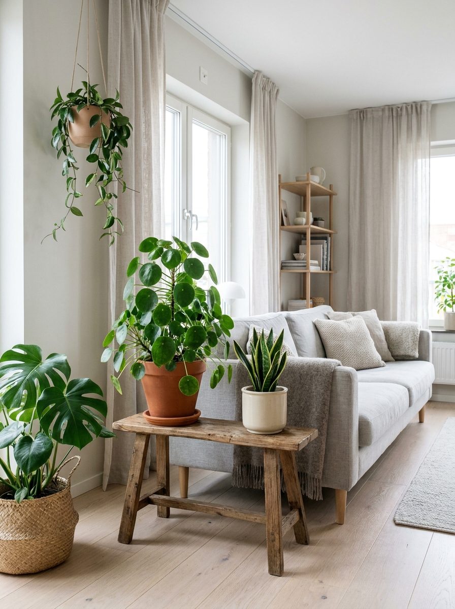 Pilea colgante y sansevieria sobre un banco de madera junto al sofa