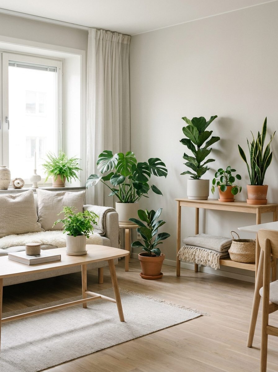 las-plantas-de-estilo-nórdico Salon con monstera, ficus lira y sansevieria en macetas blancas