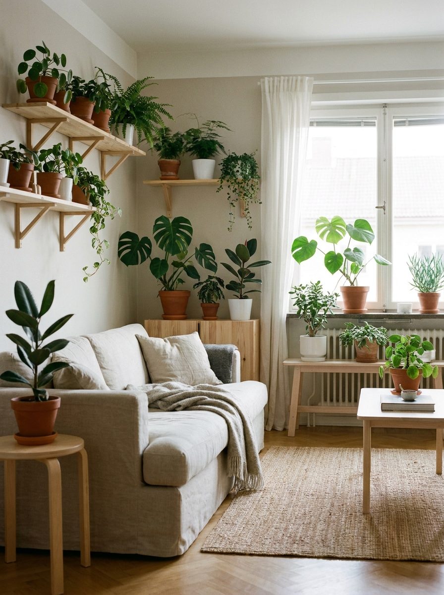 las-plantas-de-estilo-nórdico Estante alto con plantas colgantes sobre un sofa claro junto a la ventana