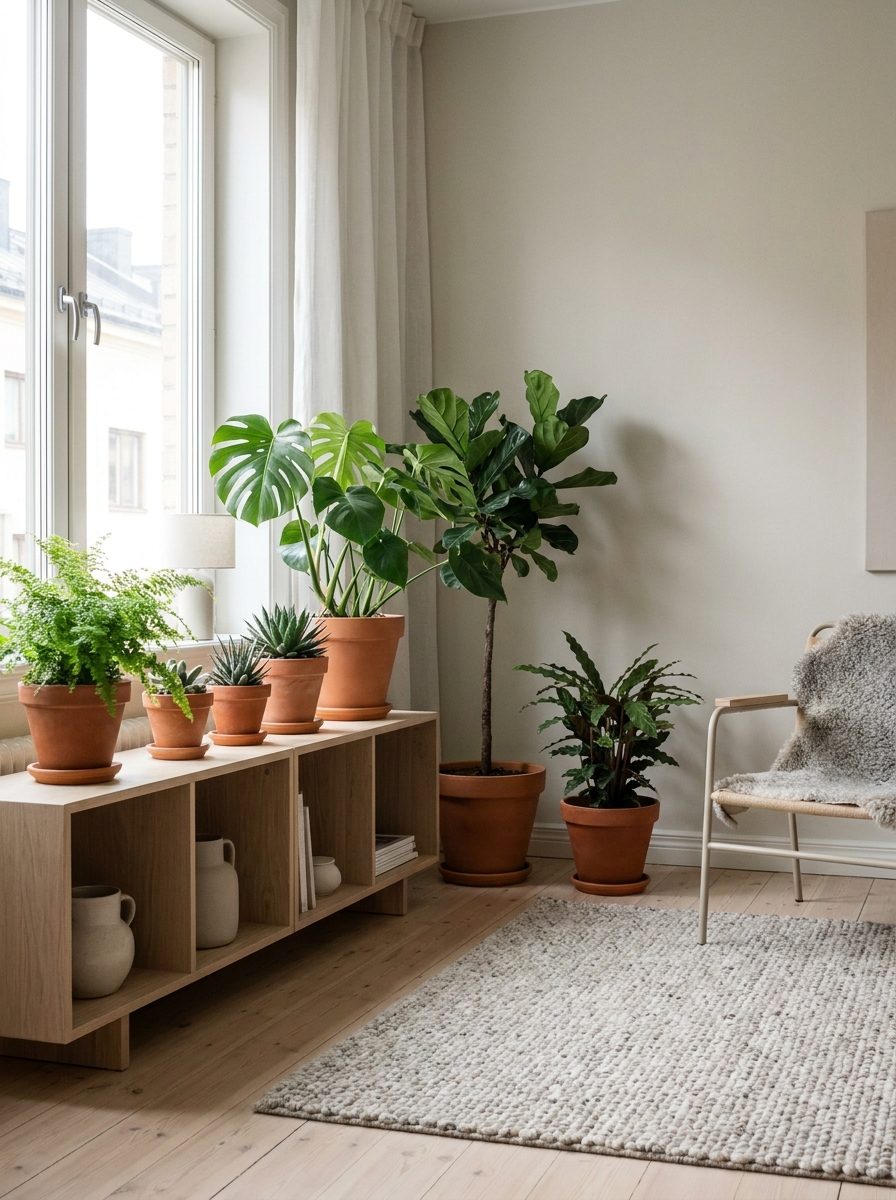 Hilera de macetas de barro sobre un mueble bajo con un ficus lira